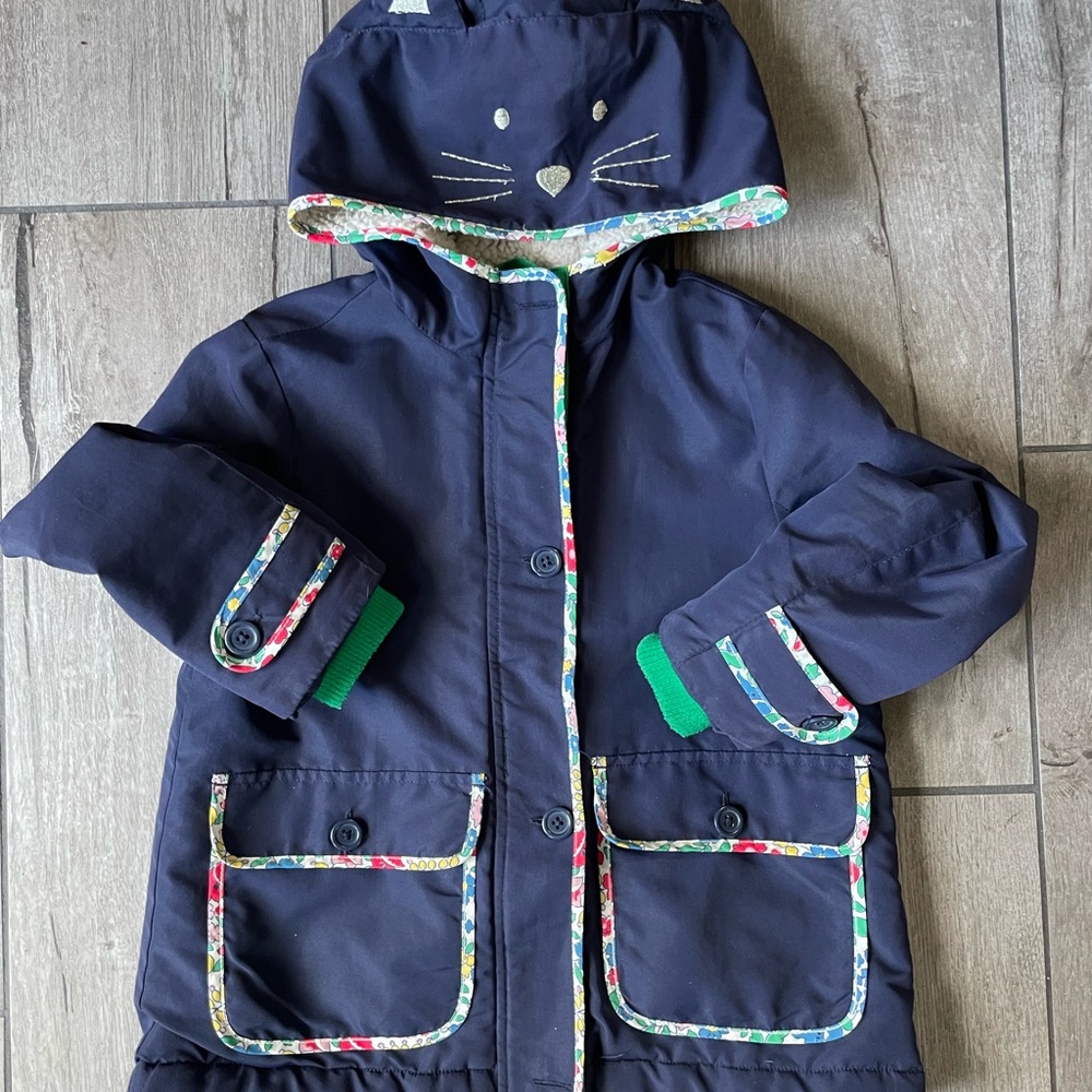 Mini Boden Navy Hooded Jacket with Cat Design